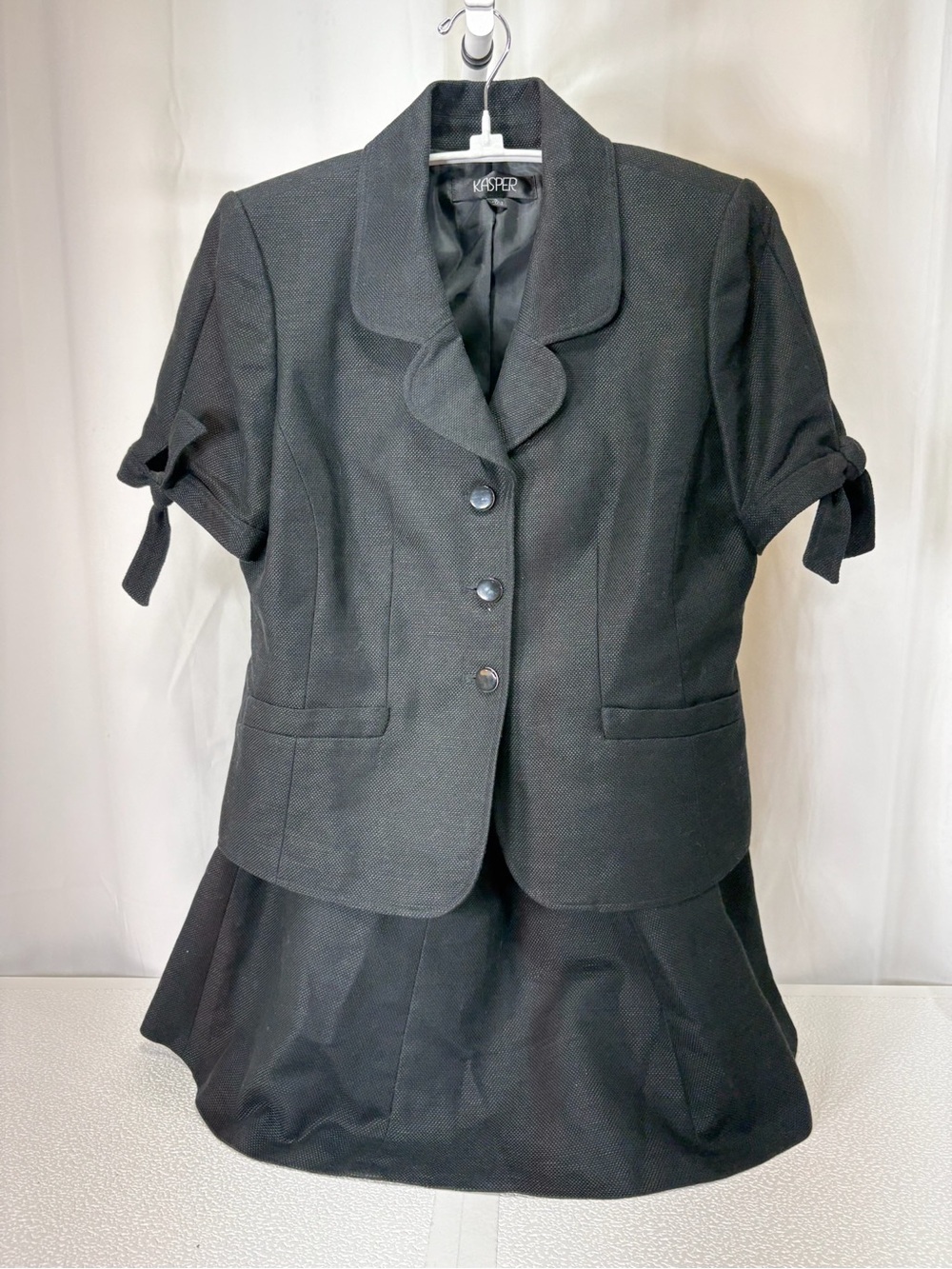 Kasper Black Short-Sleeve Skirt Set with Bow-Tie Sleeve Detail 4322